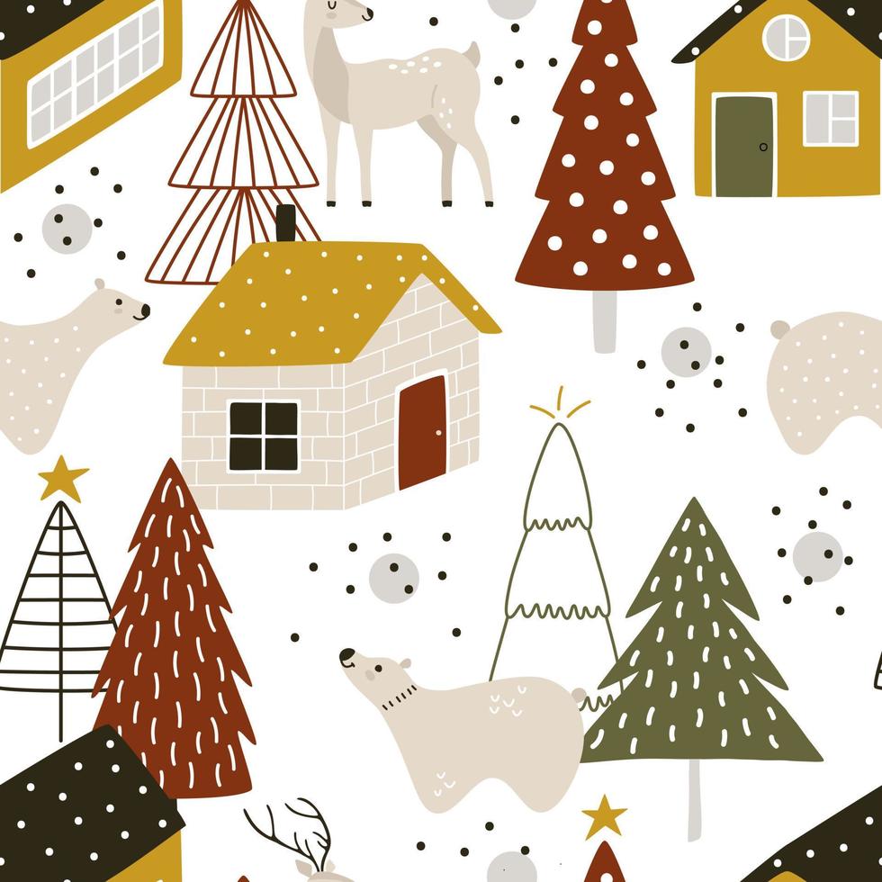 Seamless vector pattern with cute animals and houses for Christmas. Winter repeating print for wallpaper with deer, bear, and Christmas trees.