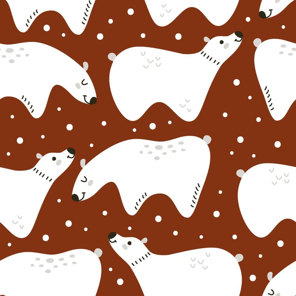 Red pattern with white minimalistic bears in Scandinavian style. Seamless vector pattern with winter animals