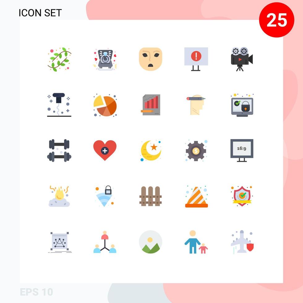 conjunto moderno de 25 colores planos y símbolos, como cámara de película de video, error de cámara enojado, elementos de diseño vectorial editables vector