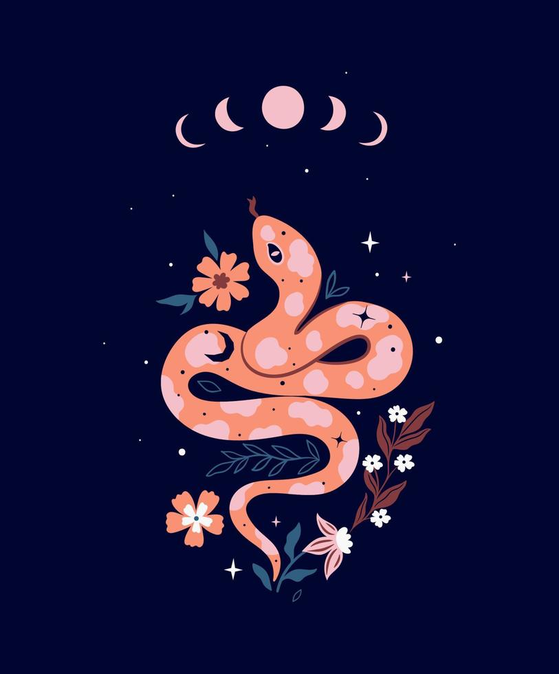 Magic postcard with a snake, stars and flowers. Vector graphics.