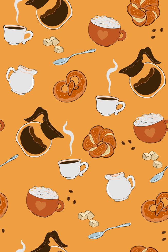 Seamless pattern with coffee and buns. Vector graphics.