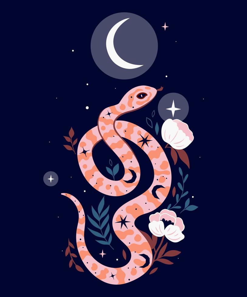 Magic postcard with a snake, stars and flowers. Vector graphics ...