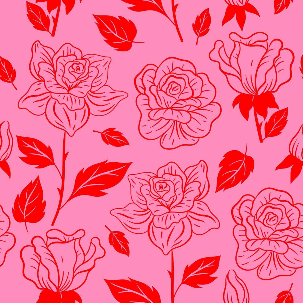 Seamless pattern with flowers in pink and red colors. Vector graphics.