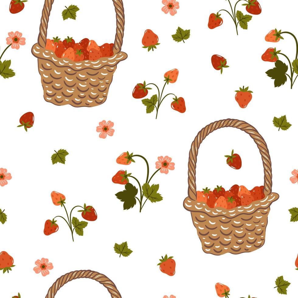 Seamless pattern with baskets and strawberries on a white background. Vector graphics.