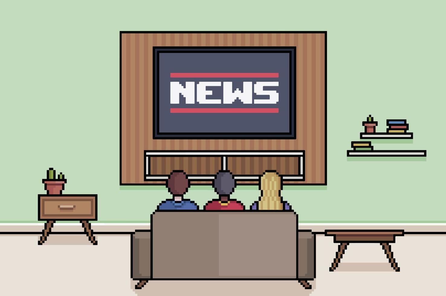 Pixel art people watching news in the TV room 8bit game background vector