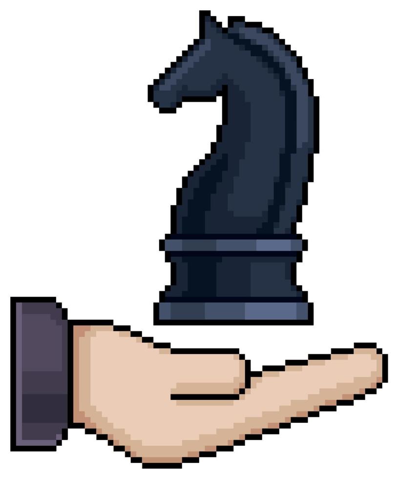 Pixel art hand with chess knight, strategy concept vector icon for 8bit game on white background