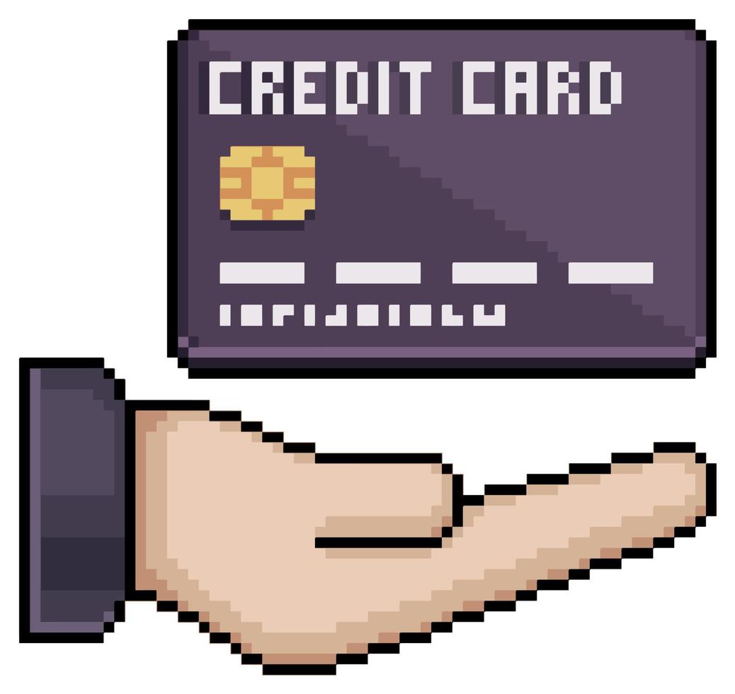 Pixel art hand with credit card vector icon for 8bit game on white background