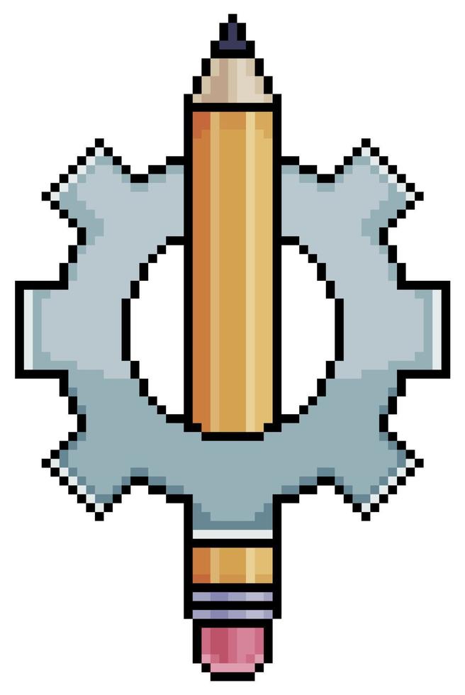Pixel art gear with pencil, concept of ideas and creativity vector icon for 8bit game on white background