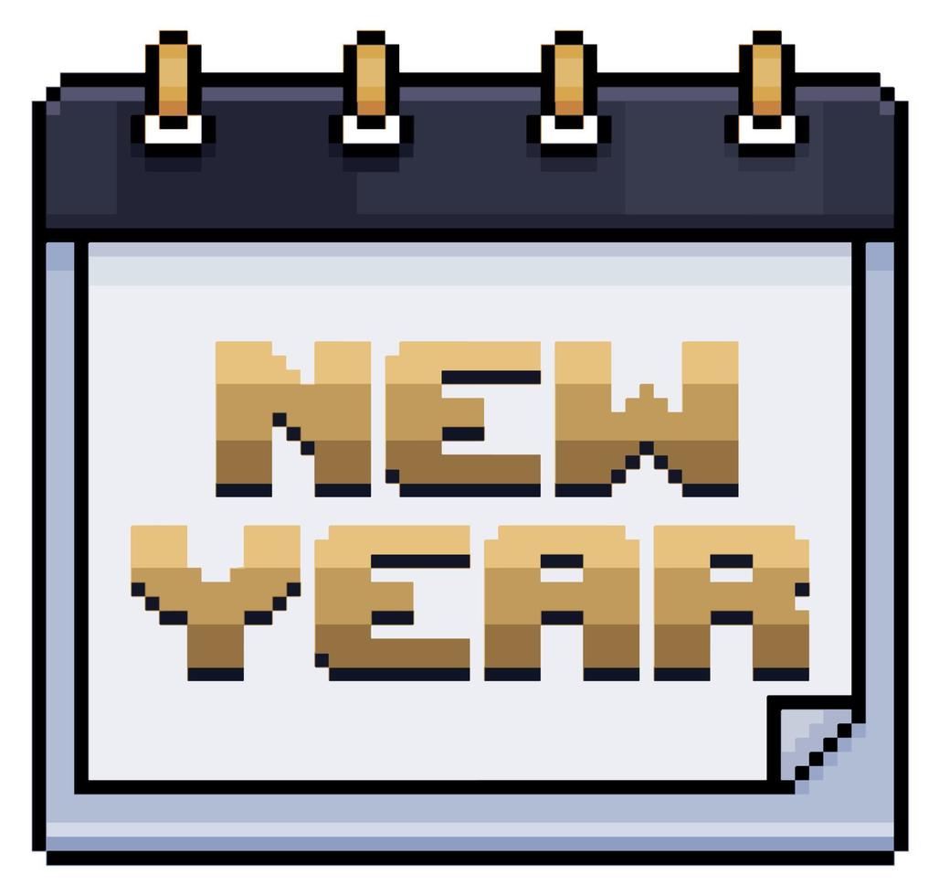 Pixel art calendar new year vector icon for 8bit game on white background