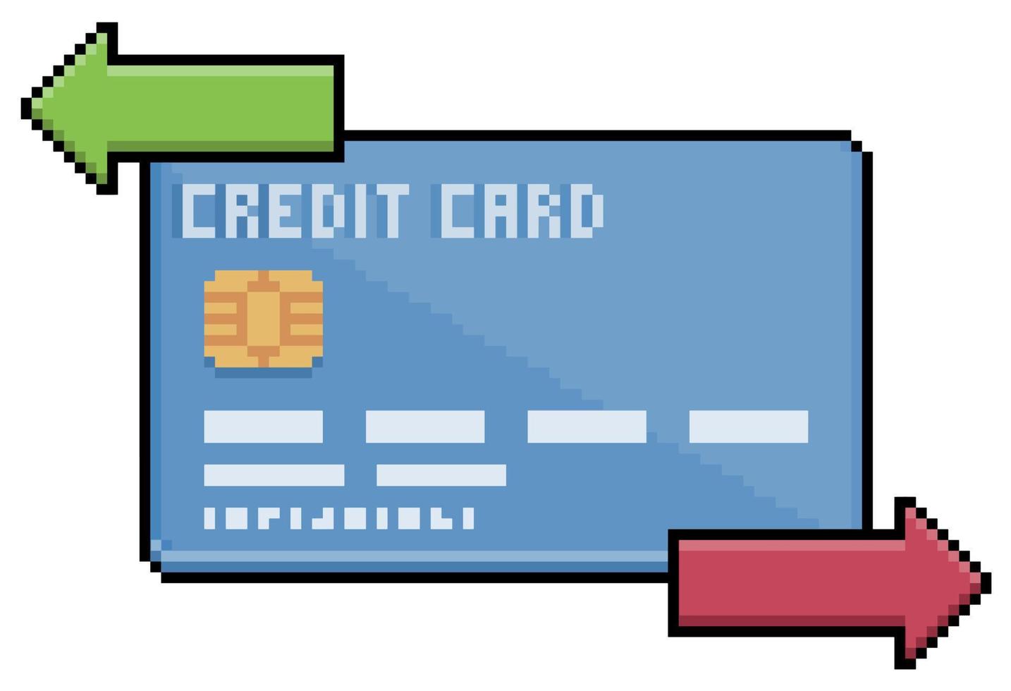 tarjeta de crédito de pixel art con icono de vector de flechas de transacción para juego de 8 bits sobre fondo blanco