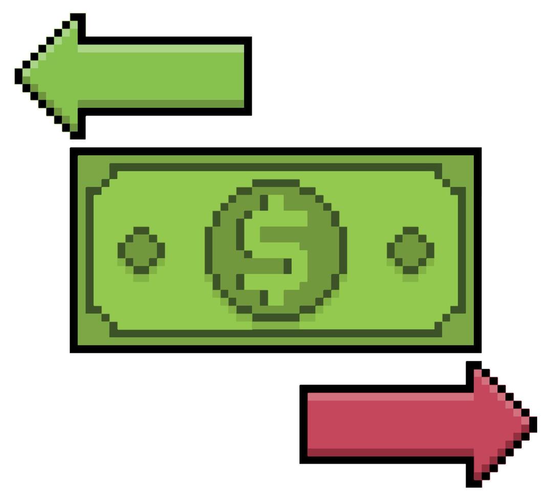 Pixel art banknote with arrows, money transaction vector icon for 8bit game on white background