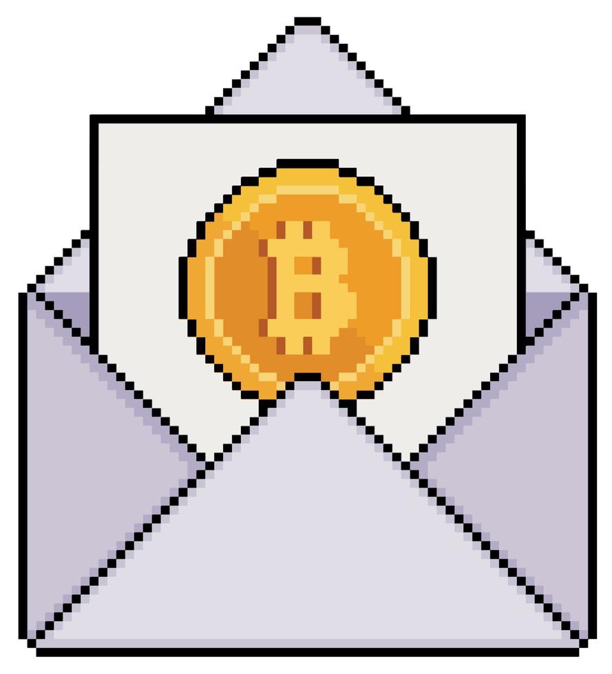 sobre de pixel art con papel e icono de vector bitcoin para juego de 8 bits sobre fondo blanco