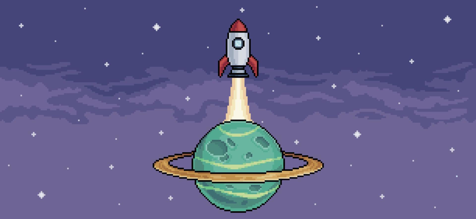 Pixel art rocket taking off from planet saturn, vector space background for 8bit game