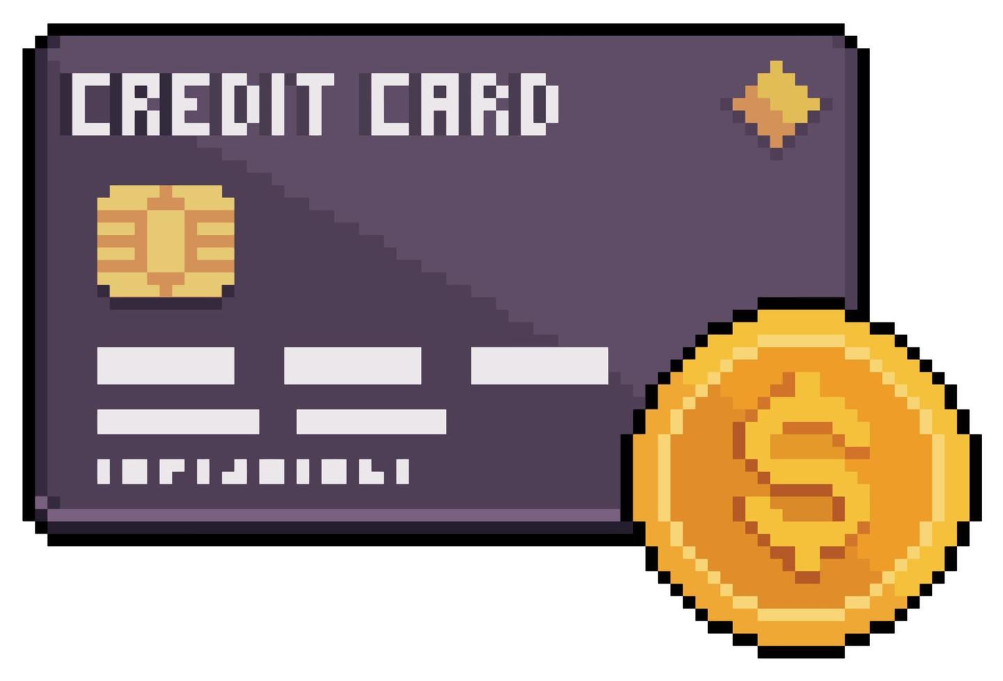 Pixel art credit card with coin vector icon for 8bit game on white background