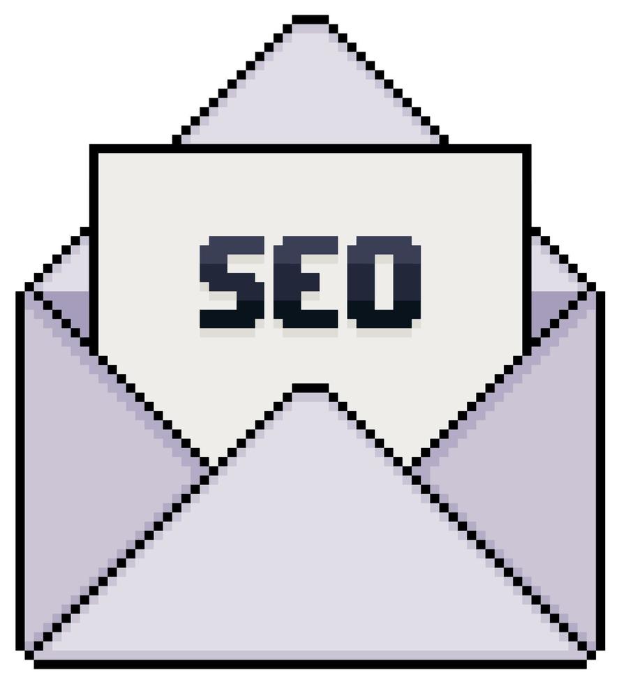 Pixel art envelope with SEO written paper vector icon for 8bit game on white background