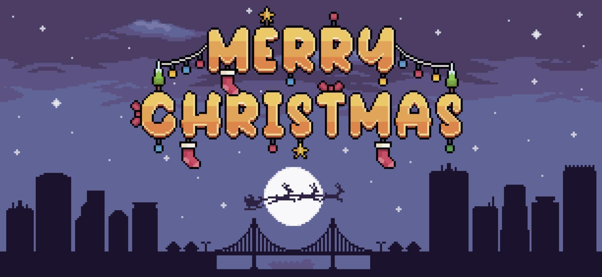 fondo de navidad de pixel art city con santa claus volador y escena de vector de texto de feliz navidad para juego de 8 bits