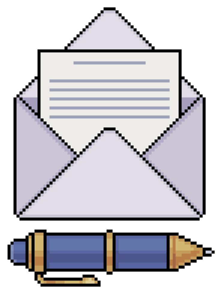 sobre abierto de pixel art con documento e icono de vector de pluma para juego de 8 bits sobre fondo blanco