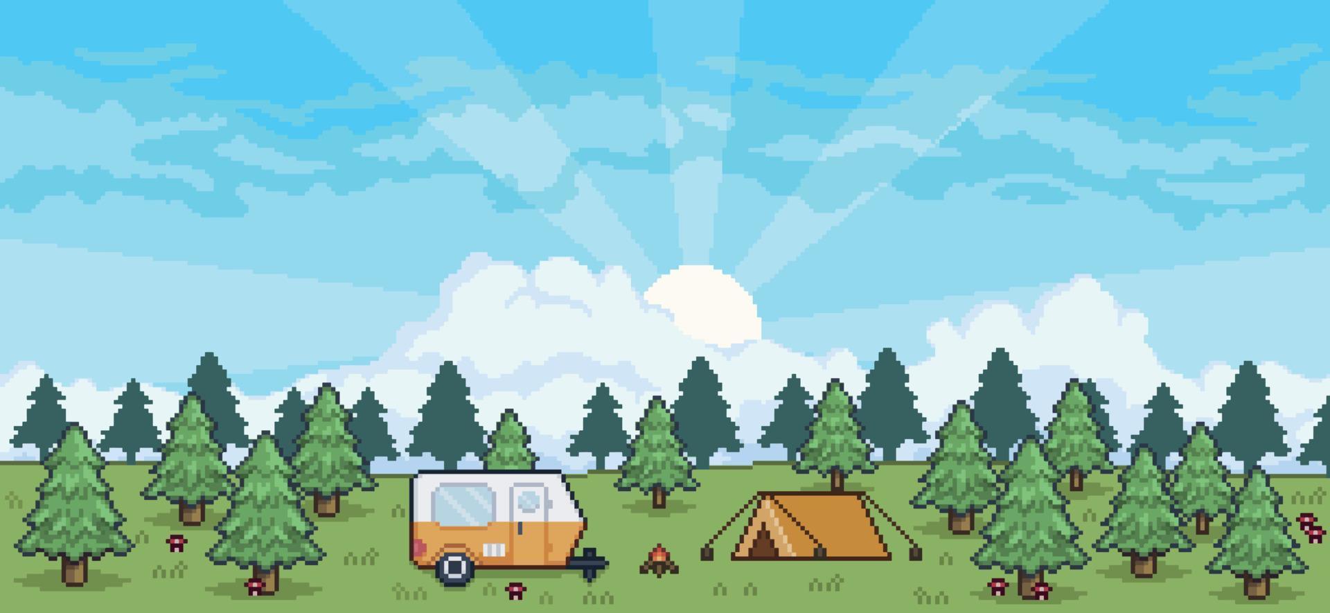 paisaje de camping de pixel art con carpa, remolque, fogata, vector de fondo de pinos para juego de 8 bits