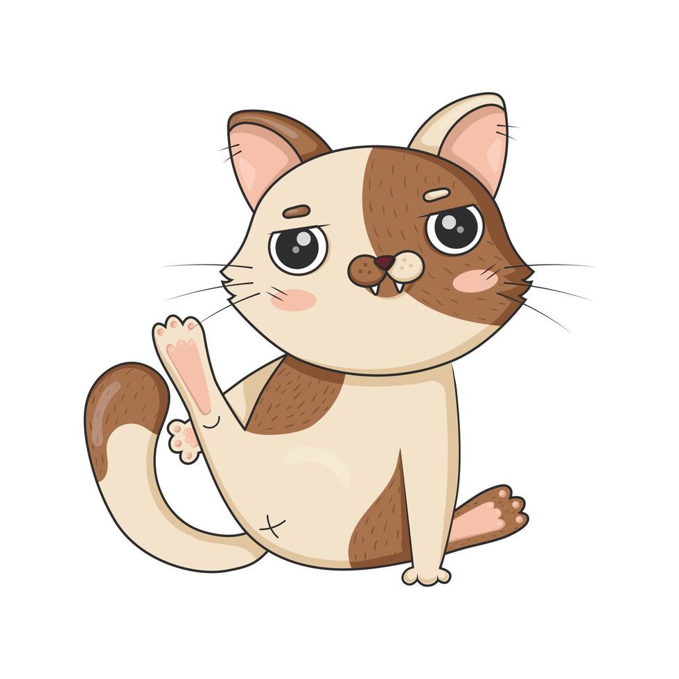 Drawn cute cat funny sits on the pope raising his hind paw up isolated on a white background vector