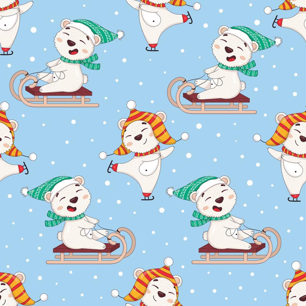 Seamless pattern with cute cartoon polar bears in winter sweaters skating and sledding under the snow vector