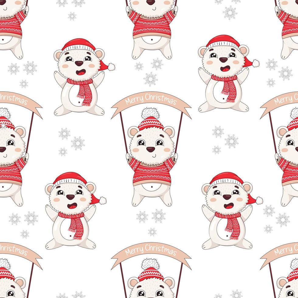 Seamless pattern with cute cartoon polar bears in winter sweaters with a merry christmas sign catching snow with their paws vector