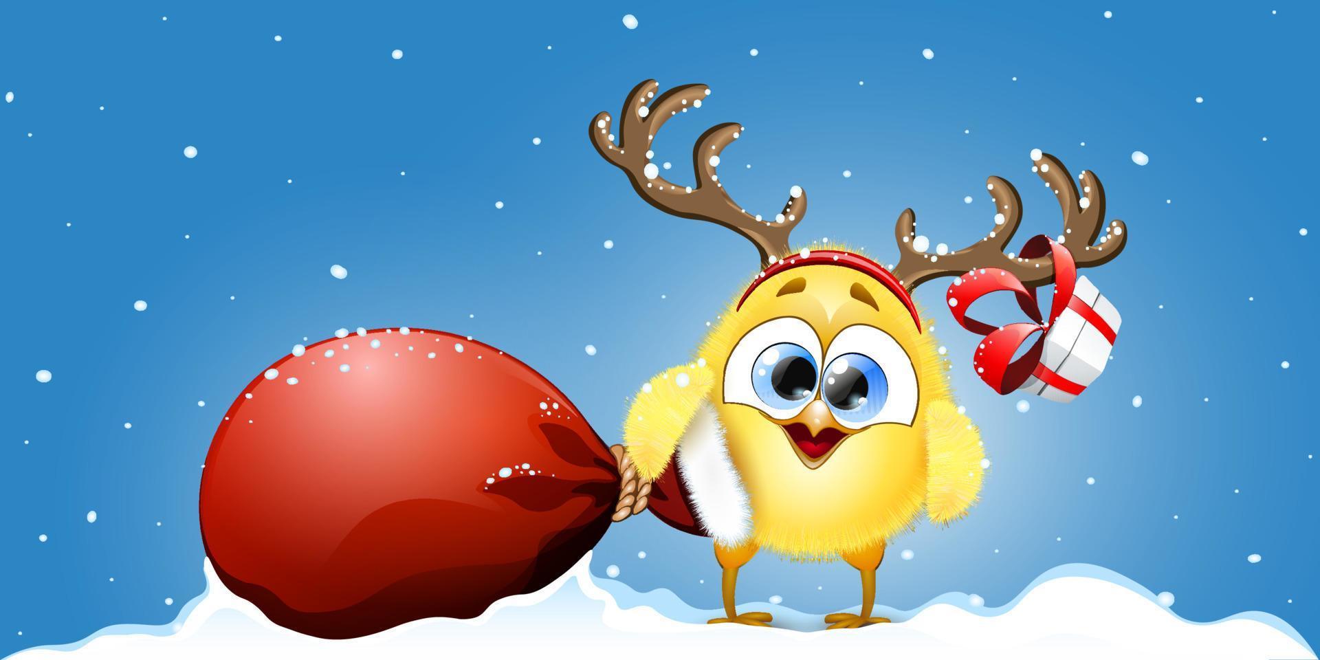 Cartoon Christmas funny little Chick deer with horns headband, gift box and holding big Santa bag under snowfall vector