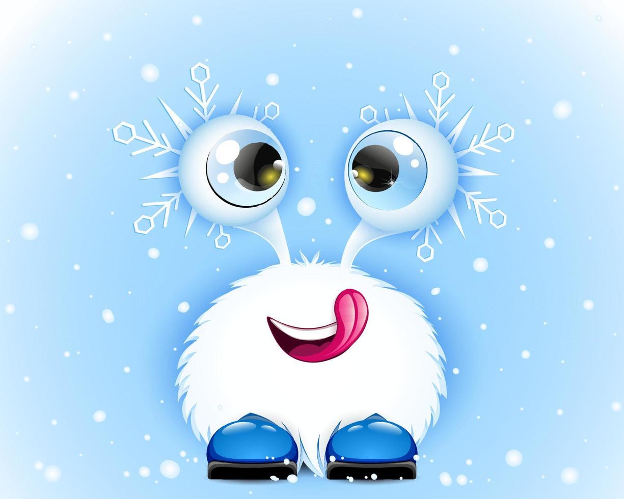 Lindo monstruo de invierno blanco de dibujos animados divertidos y esponjosos con copos de nieve lamiendo labios vector