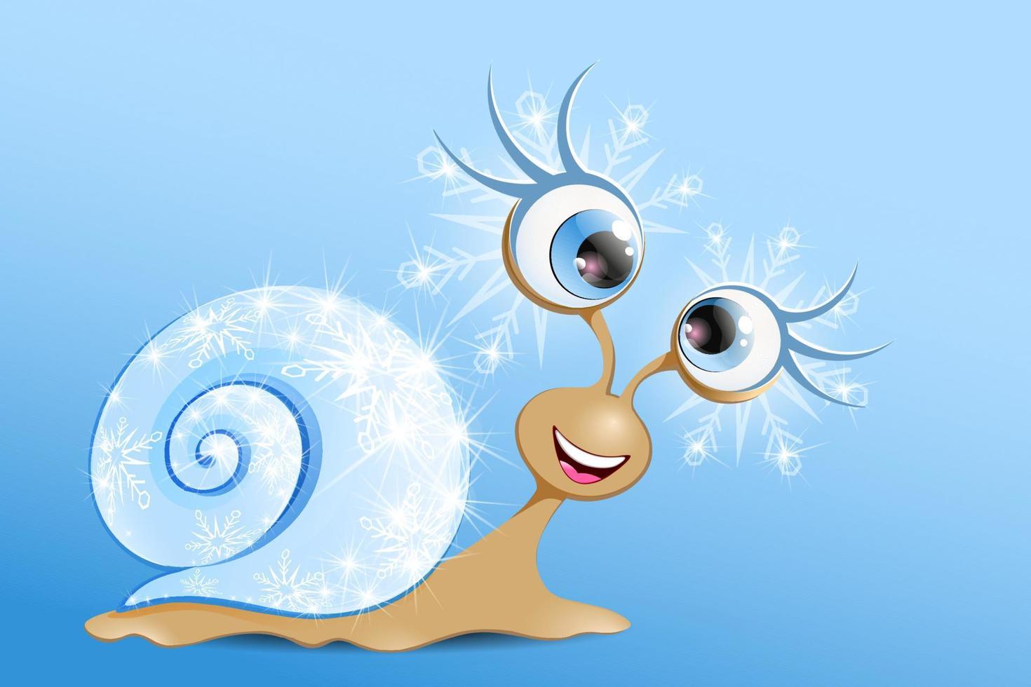 caricatura divertida caracol azul claro con copos de nieve brillantes pestañas y concha vector