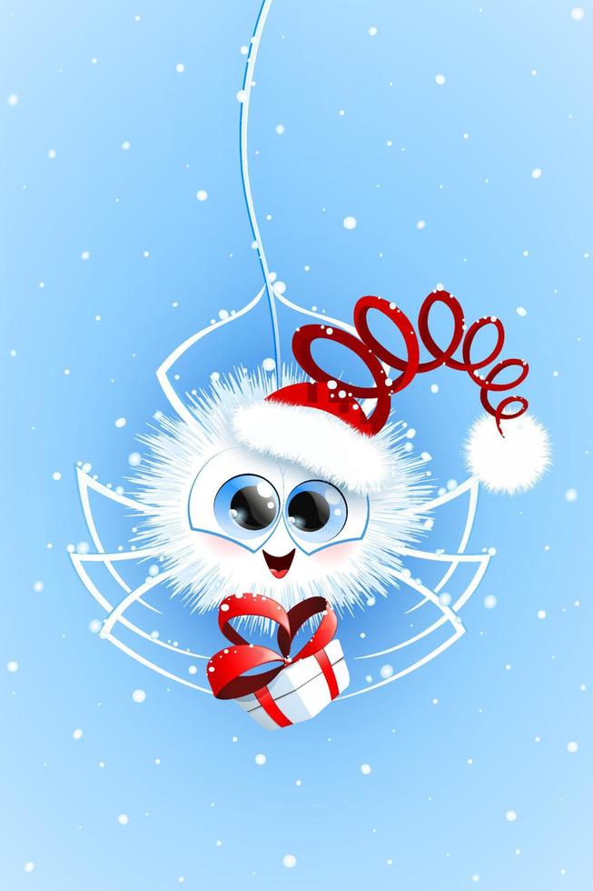 Cute cartoon fluffy little white spider in Santa Claus hat, hanging on spiderweb under snowfall vector