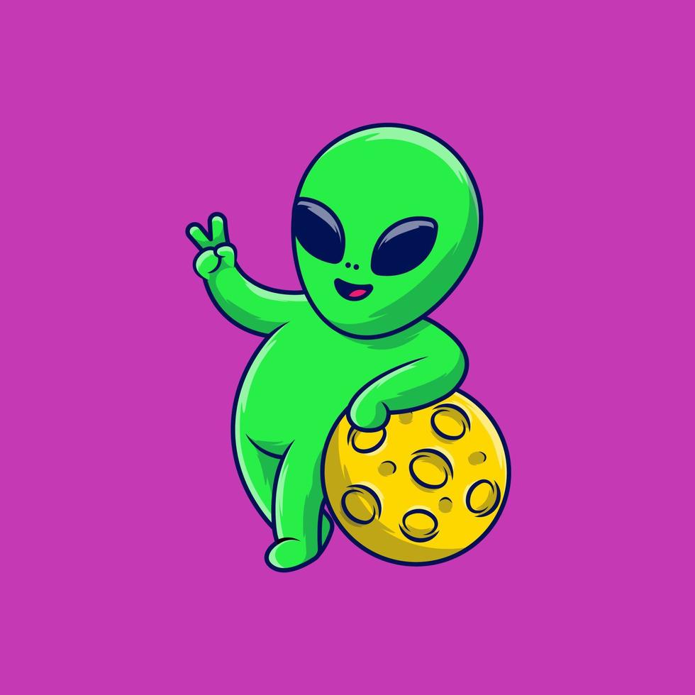 Cute Alien Peace Hand With Moon Cartoon Vector Icons Illustration. Flat Cartoon Concept. Suitable for any creative project.