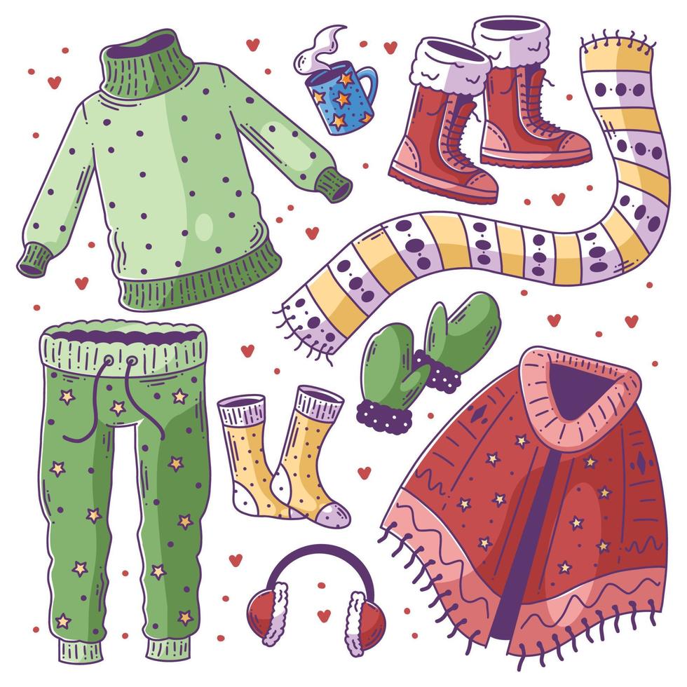 ropa de invierno dibujado a mano doodle a todo color vector