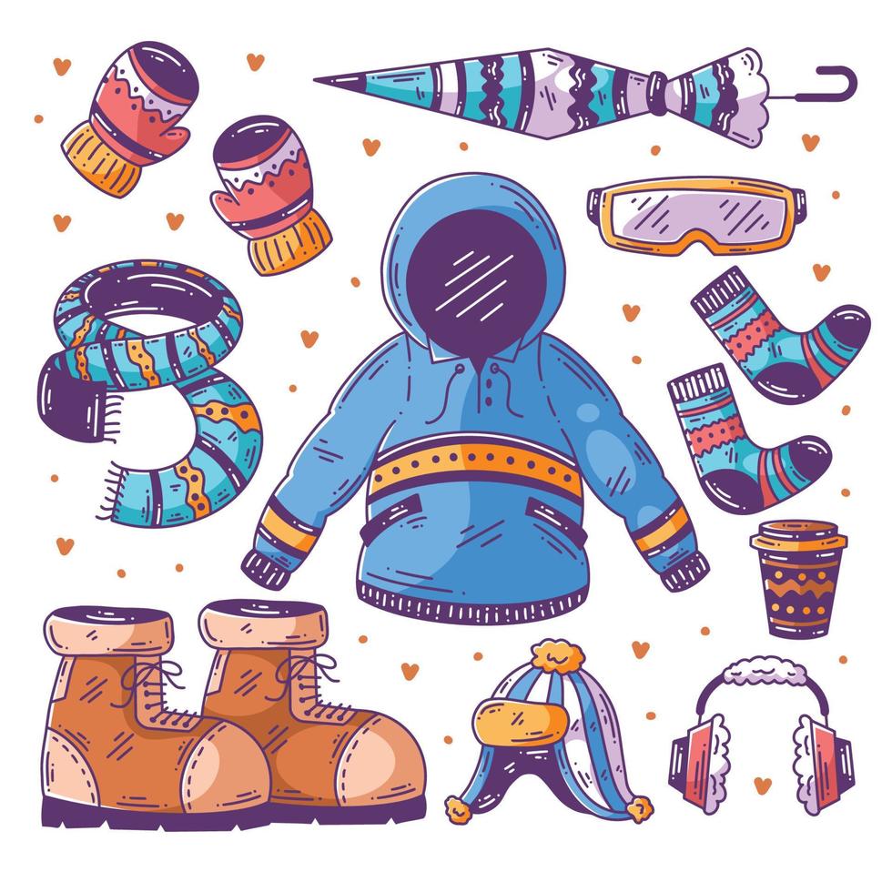 ropa de invierno y elementos esenciales dibujados a mano doodle a todo color vector