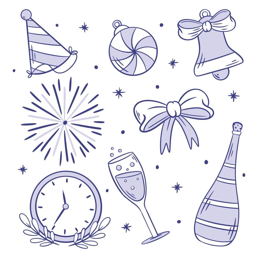 hand drawn coloring lovely set of new year party elements vector