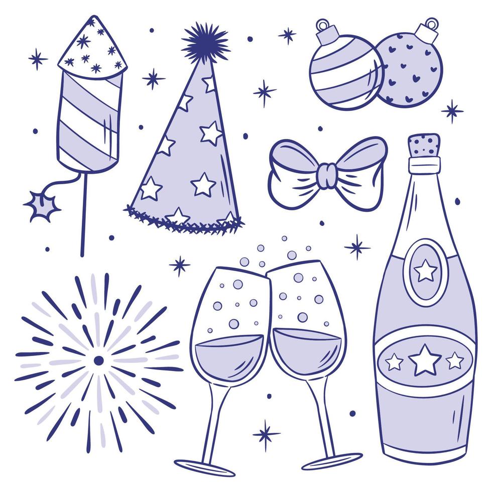 Set of new year party elements hand drawn coloring vector