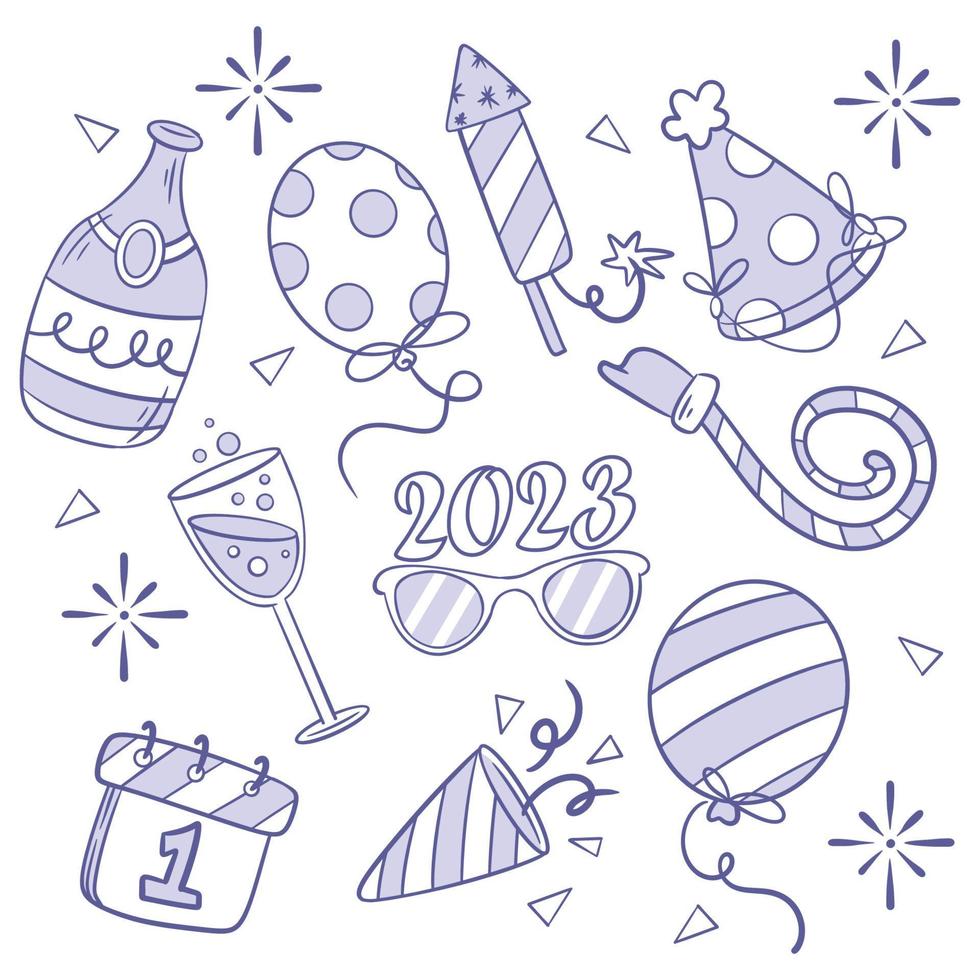 Lovely set of new year party elements hand drawn coloring vector