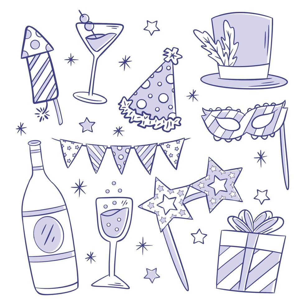 New year party collection of hand drawn elements for coloring vector
