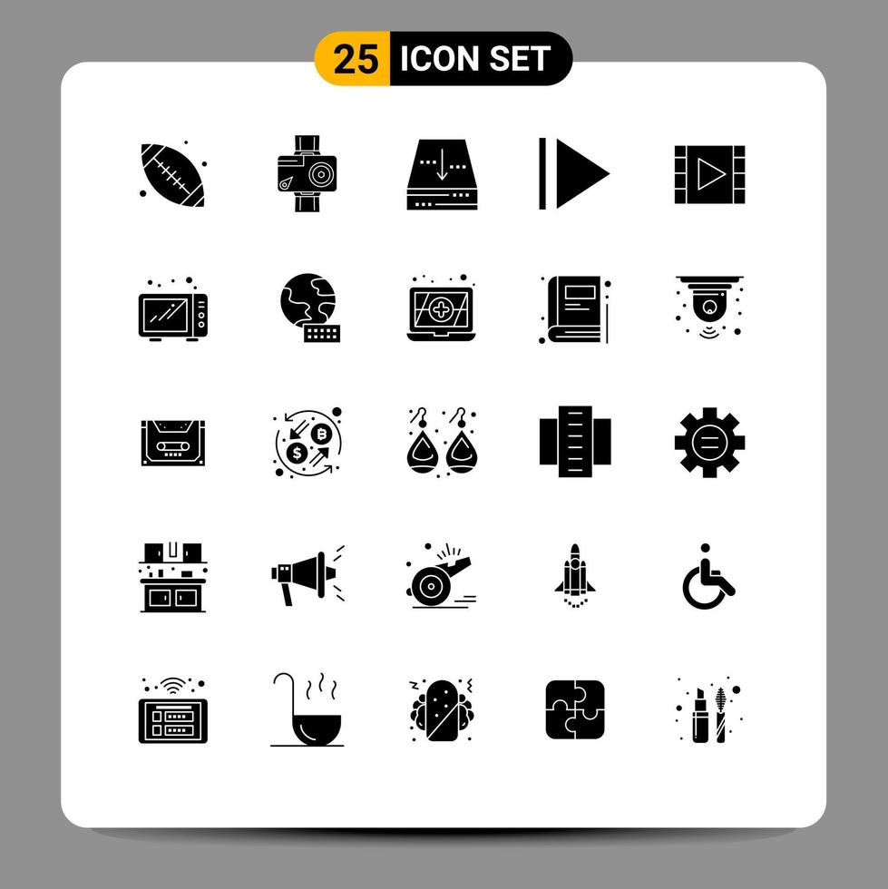 Group of 25 Solid Glyphs Signs and Symbols for player media player photo media down Editable Vector Design Elements