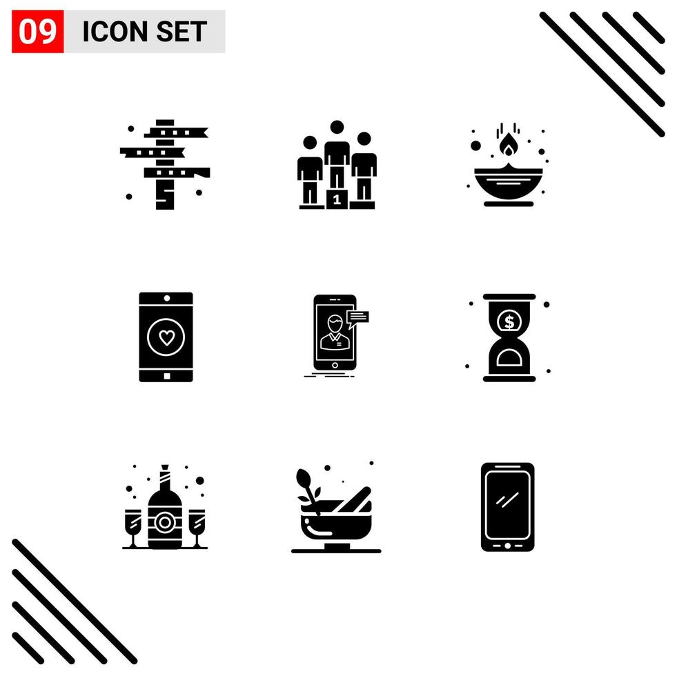 Universal Icon Symbols Group of 9 Modern Solid Glyphs of heart mobile application winners mobile oil Editable Vector Design Elements