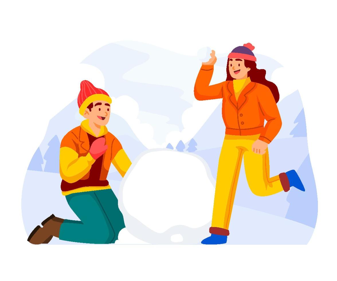 pareja jugando bola de nieve en invierno vector