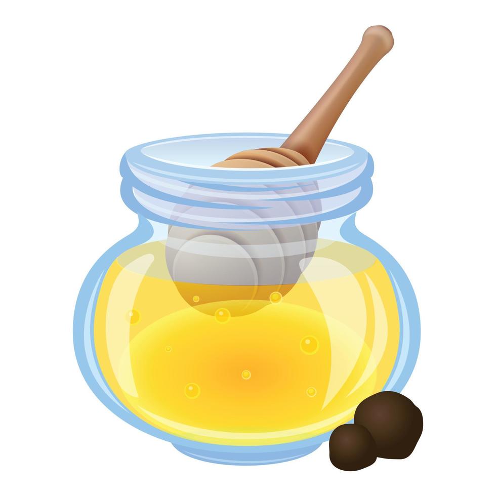 Cuchara en icono de tarro de miel, estilo de dibujos animados vector