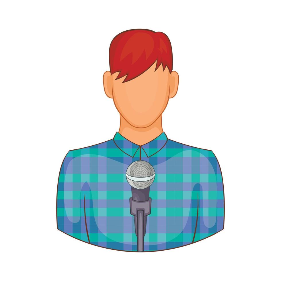 Young man with microphone icon, cartoon style vector