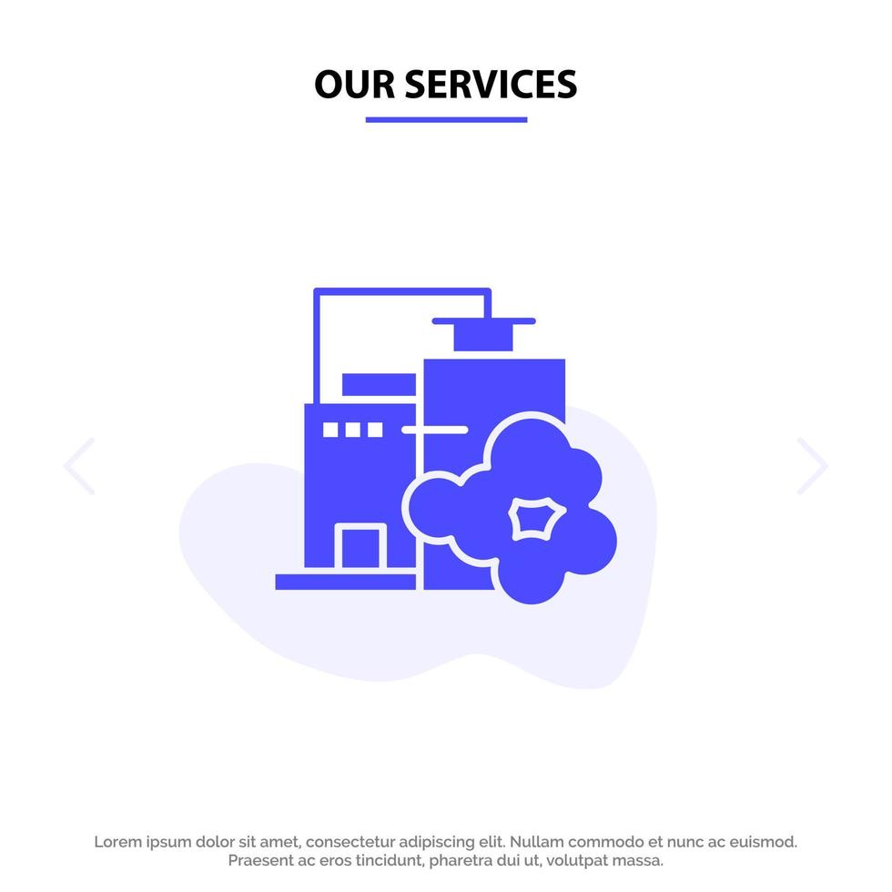 Our Services Factory Industry Landscape Pollution Solid Glyph Icon Web card Template vector