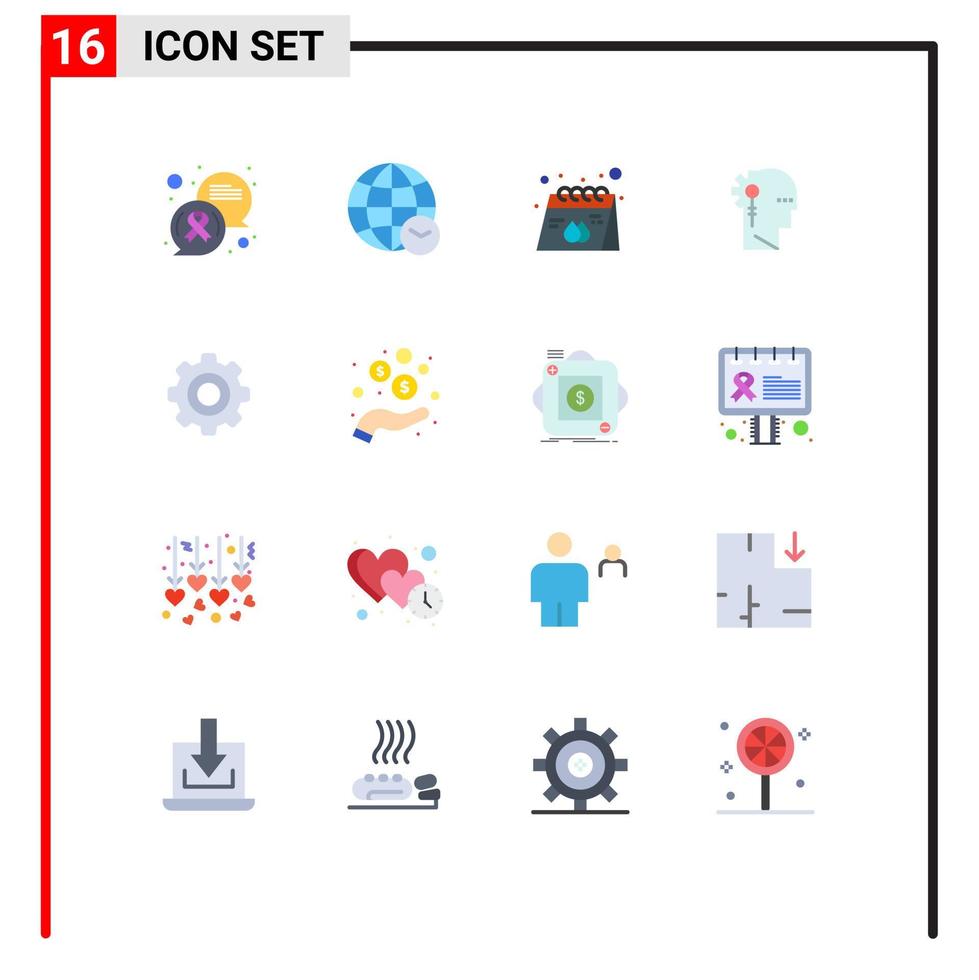 Flat Color Pack of 16 Universal Symbols of processing human advertisement critical product Editable Pack of Creative Vector Design Elements