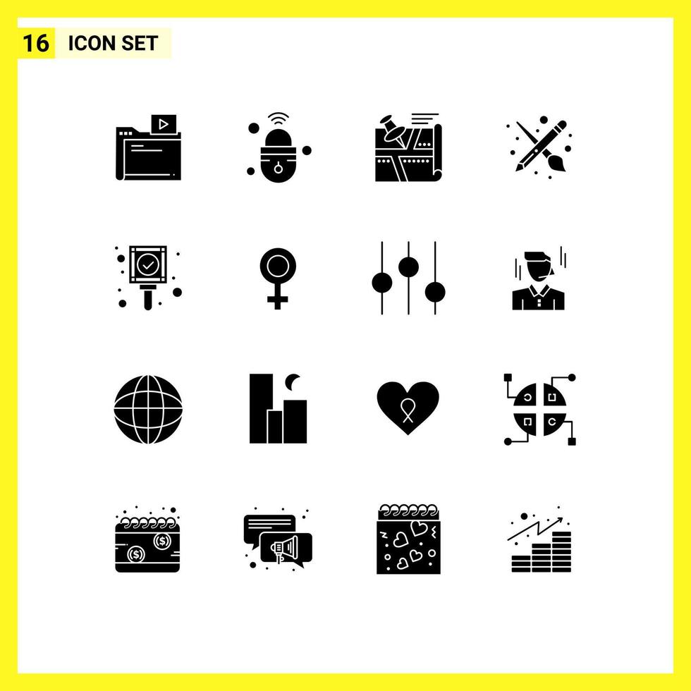 Mobile Interface Solid Glyph Set of 16 Pictograms of pencil paint wifi brush pin Editable Vector Design Elements