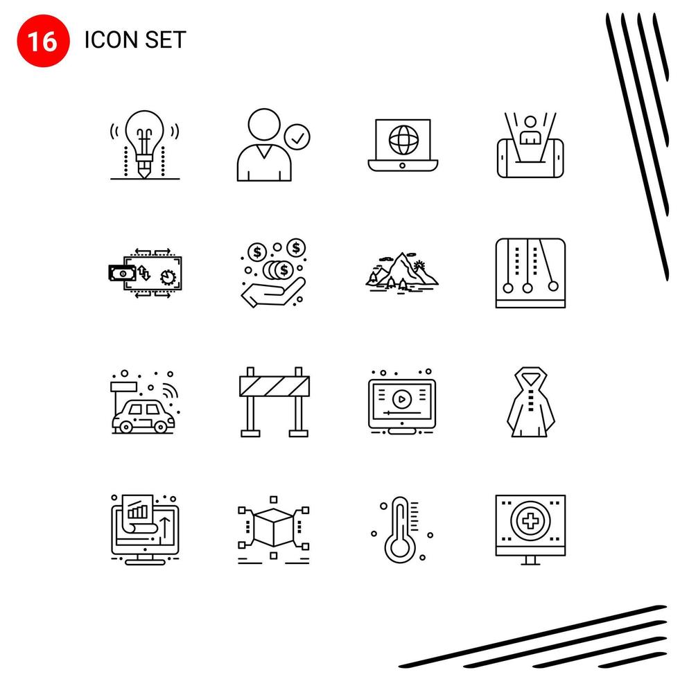 paquete de esquema de 16 símbolos universales de tecnología de flujo elementos de diseño de vector editables móviles para hombre portátil