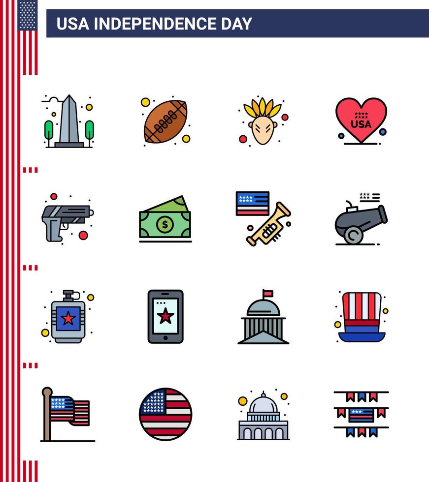 16 USA Flat Filled Line Signs Independence Day Celebration Symbols of security usa american ball american heart Editable USA Day Vector Design Elements