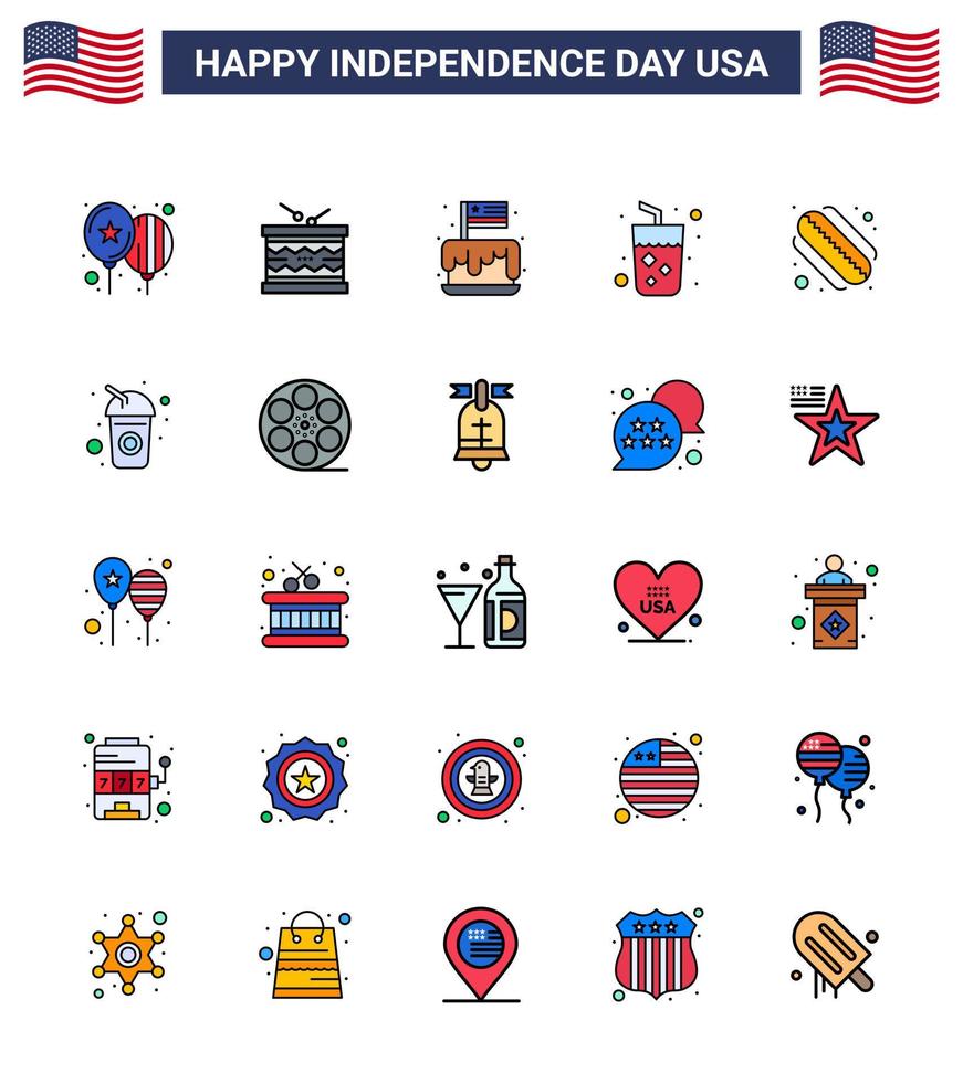 Editable Vector Flat Filled Line Pack of USA Day 25 Simple Flat Filled Lines of wine drink st alcohol party Editable USA Day Vector Design Elements