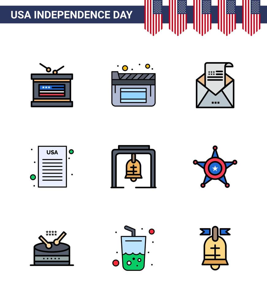 9 estados unidos línea plana llena signos celebración del día de la independencia símbolos de campana de navidad sobre de alerta declaración democrática editable día de estados unidos elementos de diseño vectorial vector