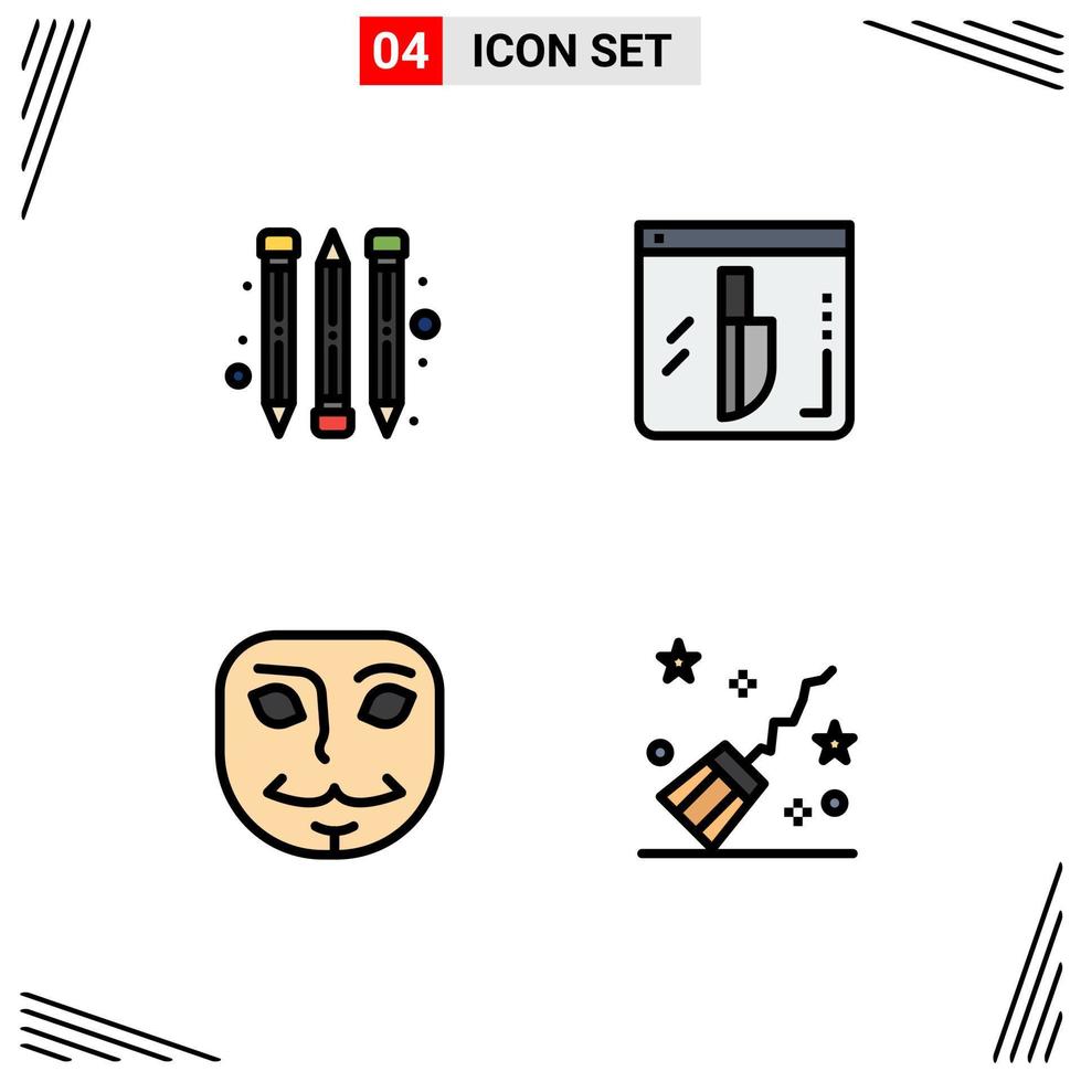 Set of 4 Modern UI Icons Symbols Signs for pencil broom investigation anonymous magic Editable Vector Design Elements