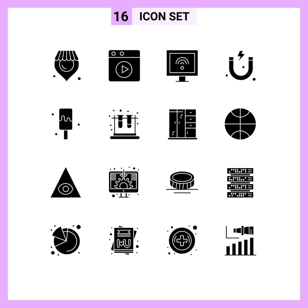Solid Glyph Pack of 16 Universal Symbols of lab ice cream smart ice science Editable Vector Design Elements